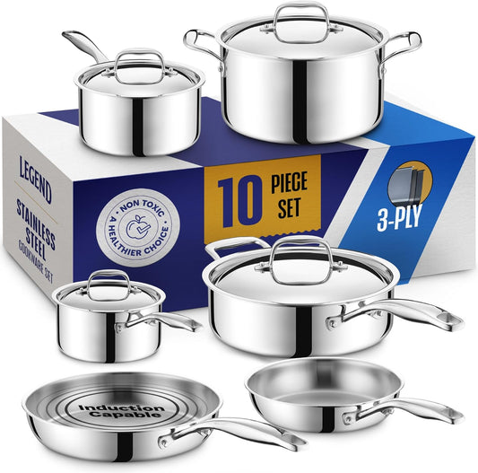 LEGEND COOKWARE 3 Ply Stainless Steel Pots and Pans Set | 10-Piece, Induction, Non-Toxic, Oven Safe | Best 18\/8 Full Clad | Premium Kitchen Cooking, Professional Chef Quality | PFOA, PTFE & PFOS Free