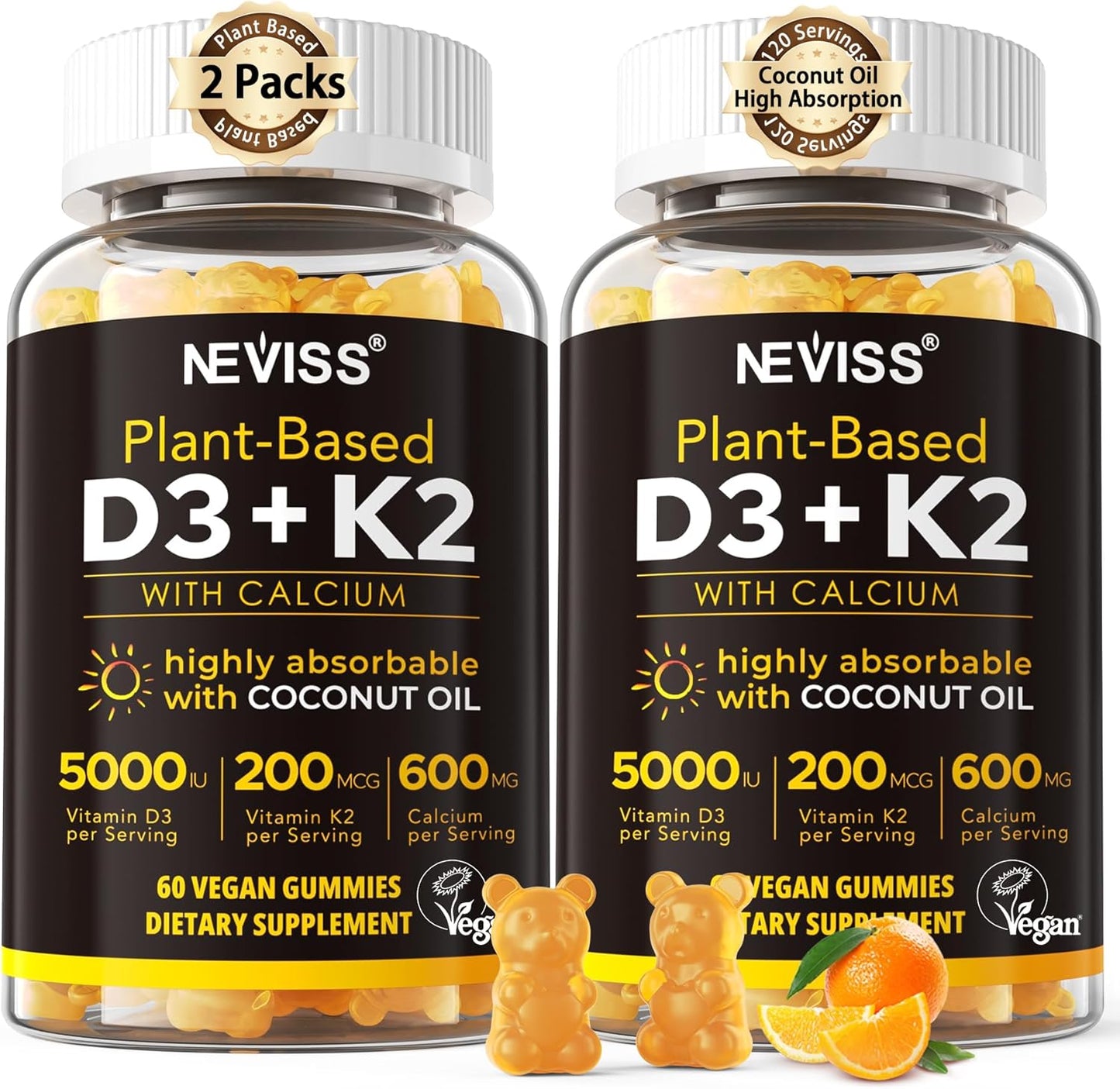 Vitamin D3 5000iu & K2( as MK7 ) 200mcg Gummies + 600mg Calcium, with Coconut Oil for High Absorption, Maximum Strength Vitamin D3 K2 Supplement - Support for Bones Muscle Teeth Immune, Vegan 2Packs