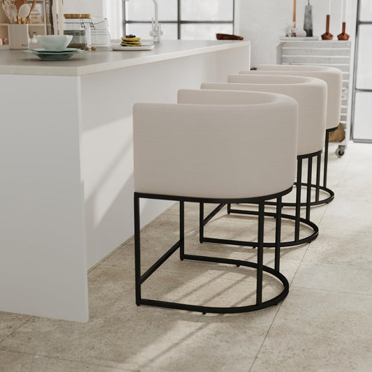 RIVOVA Contemporary Cream Linen Bar Stools Set of 3, 24" Upholstered Fabric Counter Height Barstools Kitchen Counter Island Stools with Screwed Together Black Metal Base