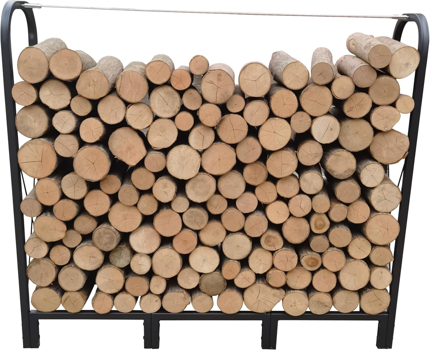 4.1FT Heavy-Duty Matte Black Firewood Rack Stand – Outdoor/Indoor Metal Log Holder with 8 Sturdy Legs & Wire Rope, Rustproof, Weather-Resistant, High Capacity (1/4 Cord), Easy Assembly