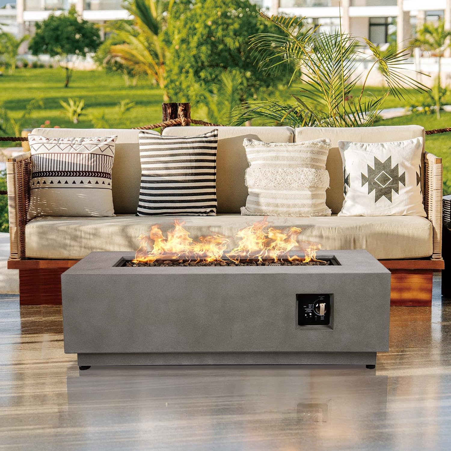 3-in-1 Propane Fire Pit Table, 42 Inch Rectangular Outdoor Fire Pit, 50,000BTU Firepit Table for Outside Patio with Griddle, Wind Guard, Lid, CSA Certified, Grey