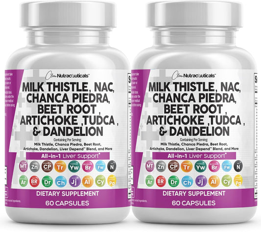 Clean Nutraceuticals Milk Thistle NAC Chanca Piedra Beet Root Artichoke Dandelion Root - Liver Cleanse Supplement Plus TUDCA Choline & Ginger - 2Pack