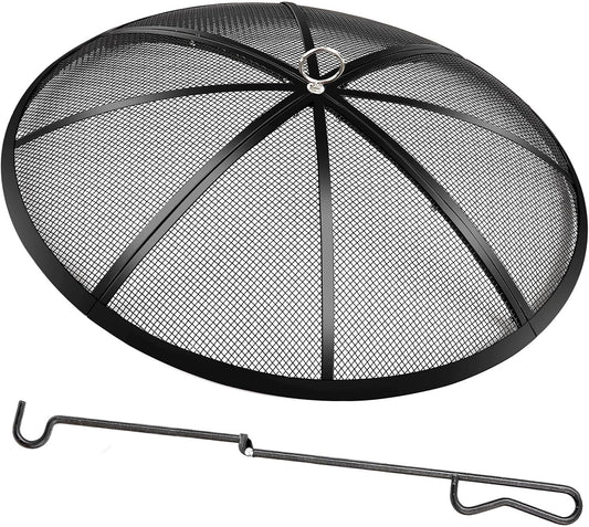 Fire Pit Spark Screen, 40 Inch Diameter Fire Pit Screen with Handle & Poker,Heavy Duty Metal Mesh Fire Pit Screen,Fire Pit Lid for Outdoor\/Beach\/RV Camping\/Backyard