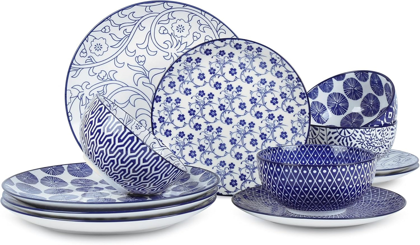Selamica Ceramic Dinnerware Sets, 12-Pieces Plates and Bowls Sets, Scratch Resistant Dishes set for 4, Dishwasher & Microwave Safe,Vintage Blue
