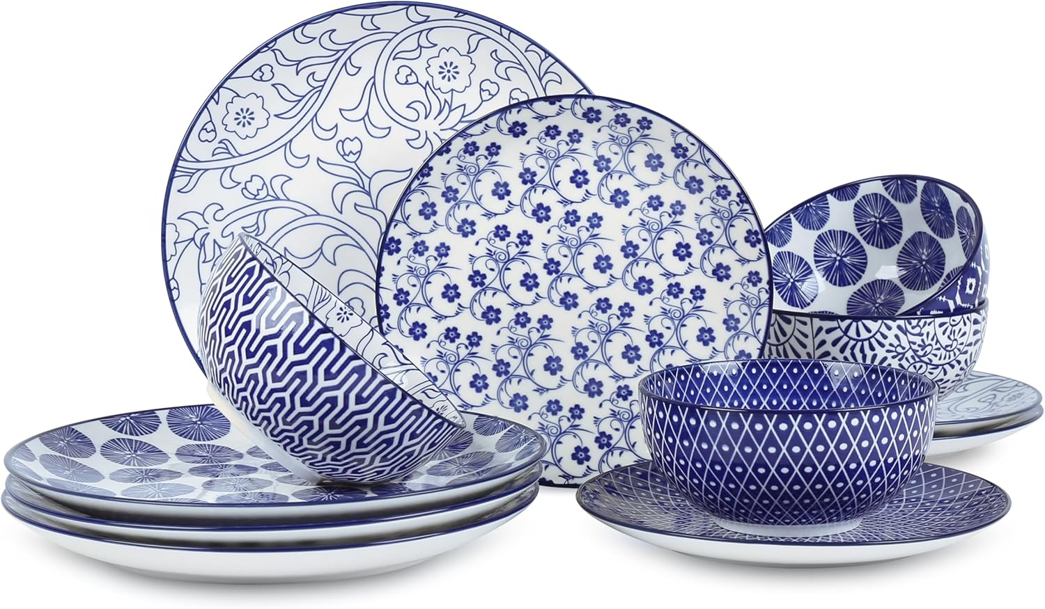 Selamica Ceramic Dinnerware Sets, 12-Pieces Plates and Bowls Sets, Scratch Resistant Dishes set for 4, Dishwasher & Microwave Safe,Vintage Blue