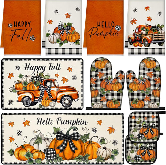 Fanfanwin 10 Pcs Fall Pumpkin Kitchen Decor Set Kitchen Towels Pot Holders Oven Mitts and Rugs Set Thanksgiving Towels for Baking Cooking BBQ Autumn Home Decor(Modern Color,Classic Style)