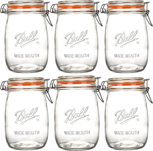 Wide Mouth Mason Jars with Airtight Lid 6 Pack 32oz, Kitchen Canning Jar Storage Large Clear Canister Jars with Hinged Lid with Measurement Marks Glass Mason Jars For Canning,Coffee,Sugar,Beans