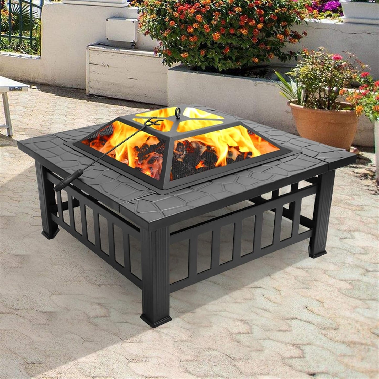 Square Fire Pit Table, Black Metal, 32x32x14.3 Inch, Outdoor Wood Burning, with Mesh Screen Top, Poker, Drainage Holes