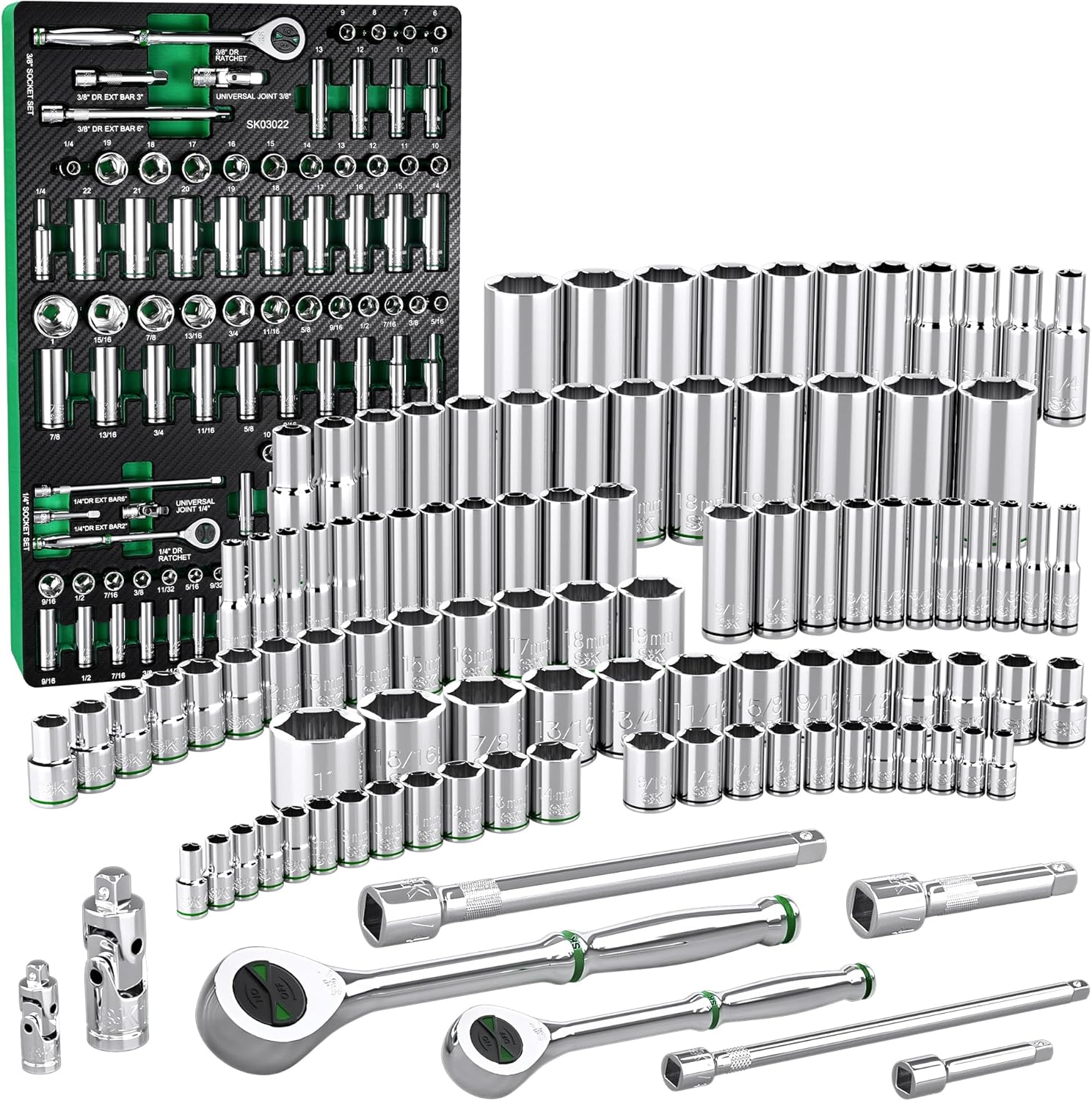 SK 1/4" & 3/8" Drive Socket Set with 160-P Ratchet, 105-Piece, SAE & Metric, SuperKrome Finish, Premium CR-V Construction, with EVA Foam Tool Organizer