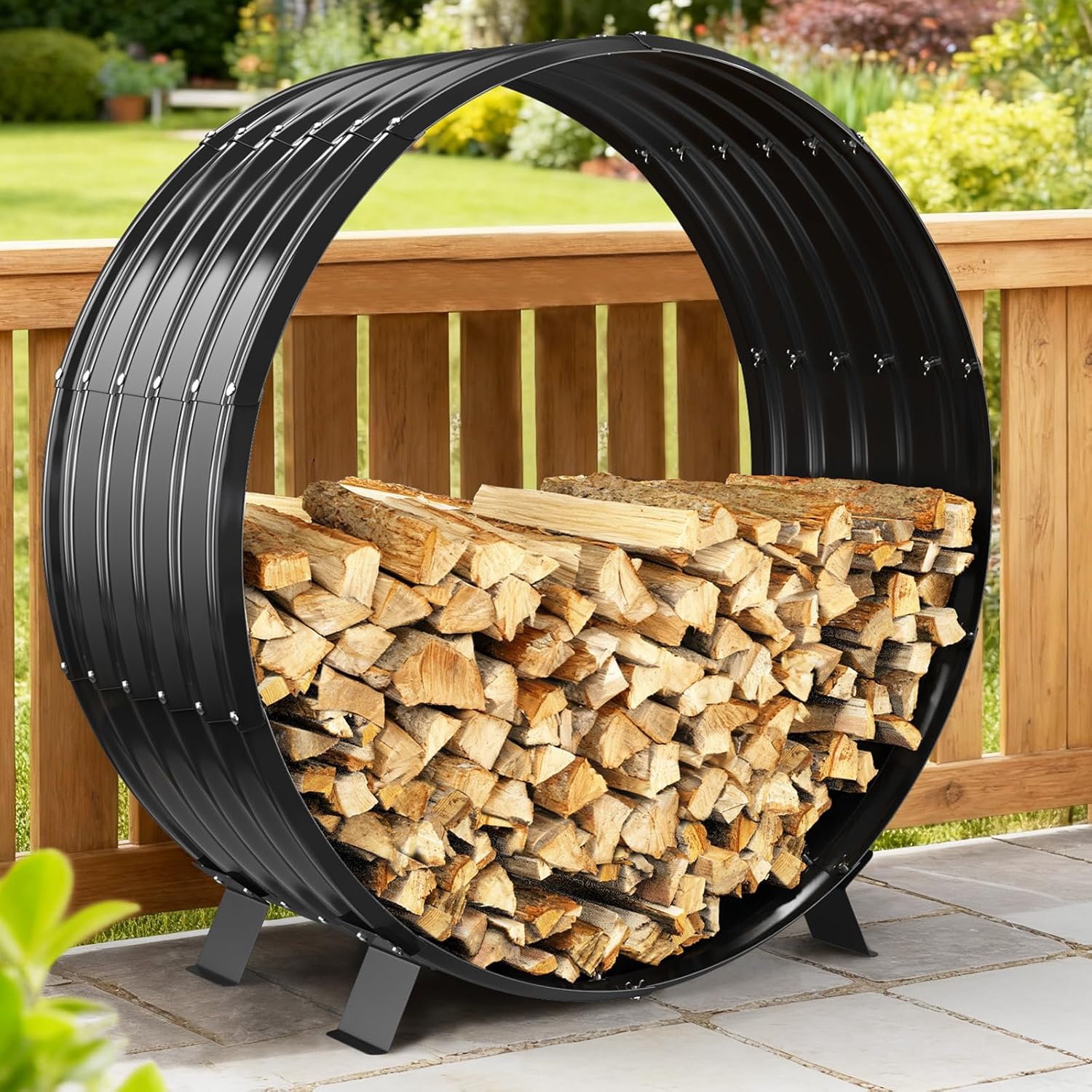 FCCRETA 39IN Firewood Rack Outdoor Indoor with Cover, 600Lbs Capacity,Heavy Duty Fire Wood Pile Storage Rack, Round Fireplace Log Holder Stand for Patio,Deck,Porch,Backyard
