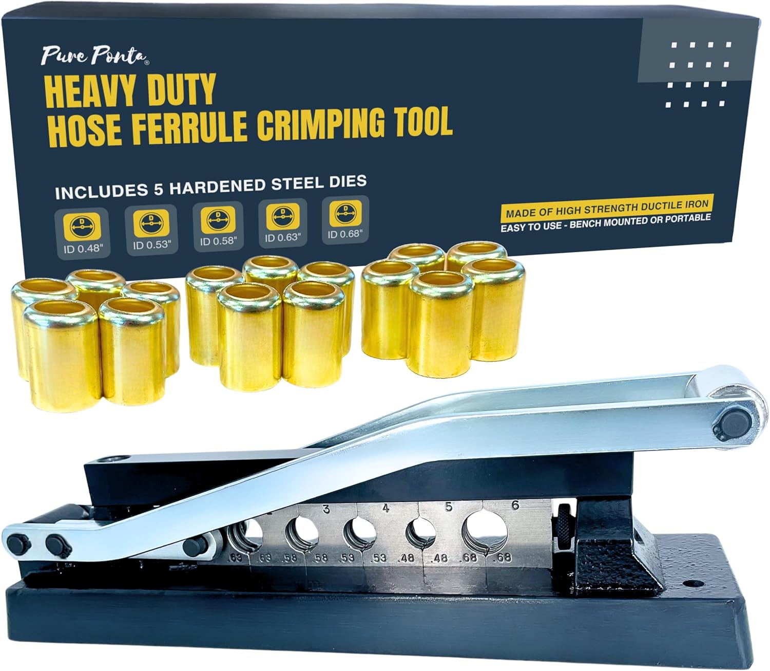 Heavy Duty Ferrule Crimping Tool Air Hose Repair Kit for 3/8, 5/16, 1/4 inch ID Hoses, Crimper w/ 5 Hardened Steel Dies & 15 Ferrules Fittings, Torch & Compressor Crimpers