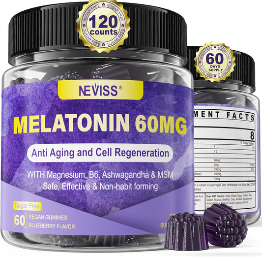 Antioxidant & Brain Support Melatonin 60mg 30mg for 50+ Adults | High Dose Melatonin for Anti-Aging & Immune | Extra Strength Melatonin Gummies with B6, Ashwagandha, Magnesium, MSM - 120 Gummies