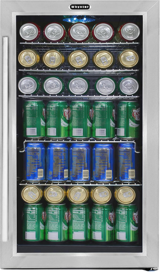 Whynter Beverage Refrigerator with Double-Layer Glass Door, 127-Can 3.1 Cu Ft Freestanding Drink Mini Fridge, BR-130SB, Stainless Steel