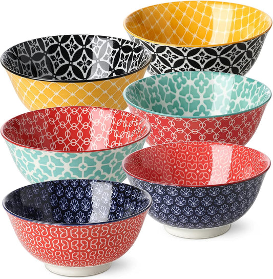 DOWAN Soup Bowls Set of 6, Cereal Bowls for Kitchen, 23 OZ Large Ceramic Bowl, Colorful Vibrant Patterned Porcelain Bowls for Kitchen Decor and Housewarming Gift, Dishwasher and Microwave Safe