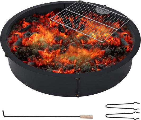 PrecisionAuto Smokeless Fire Pit Ring Insert Outdoor - 36 Inch Heavy Duty Round Wood Burning Outdoor Fireplaces with Stainless Steel BBQ Mesh and Hook,36"x36"x7.8"