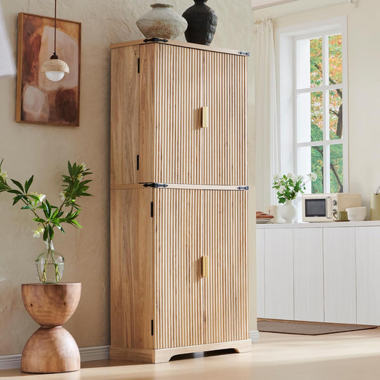 ACCOHOHO Fluted Pantry Cabinet, 72" Tall Modern Storage Cabinet with 4 Doors, Organizer, Drawer and Adjustable Shelves, Wood Cupboard for Kitchen, Dining Room, Living Room and Bathroom, Natural Oak