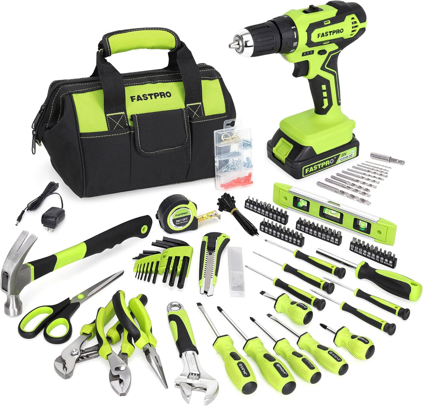 FASTPRO 232-Piece 20V Cordless Lithium-Ion Drill Driver & Home Tool Set, Household Repairing Tools Kit with Drill, 12-Inch Wide Mouth Storage Bag, Green