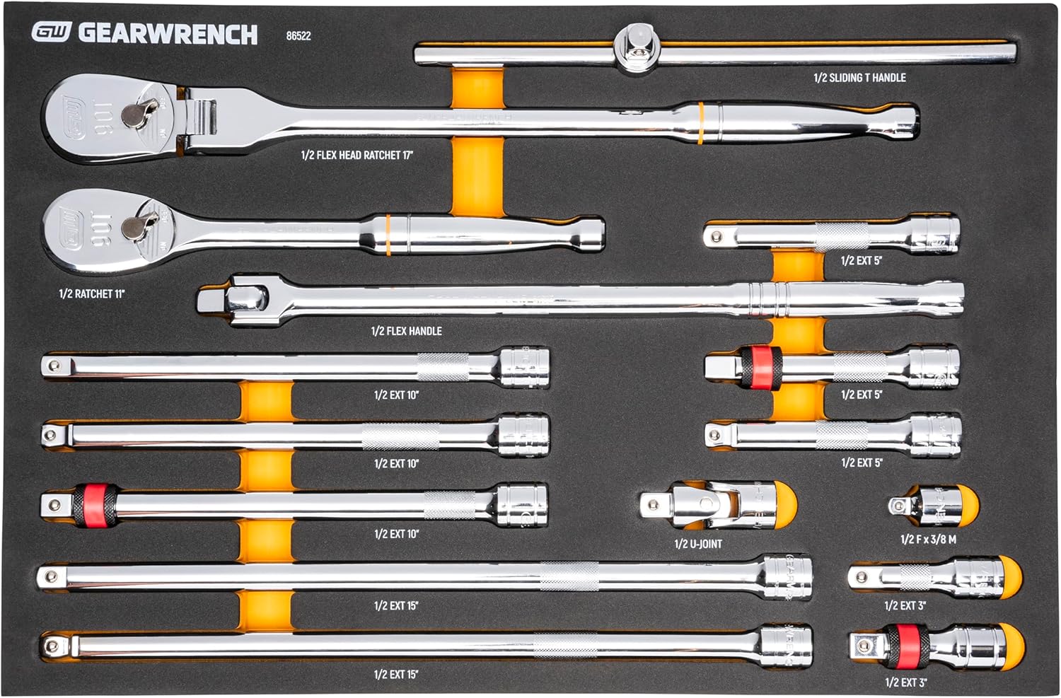 GEARWRENCH 16 Piece 1/2" 90T Ratchet & Drive Tool Set with EVA Foam Tray - 86522