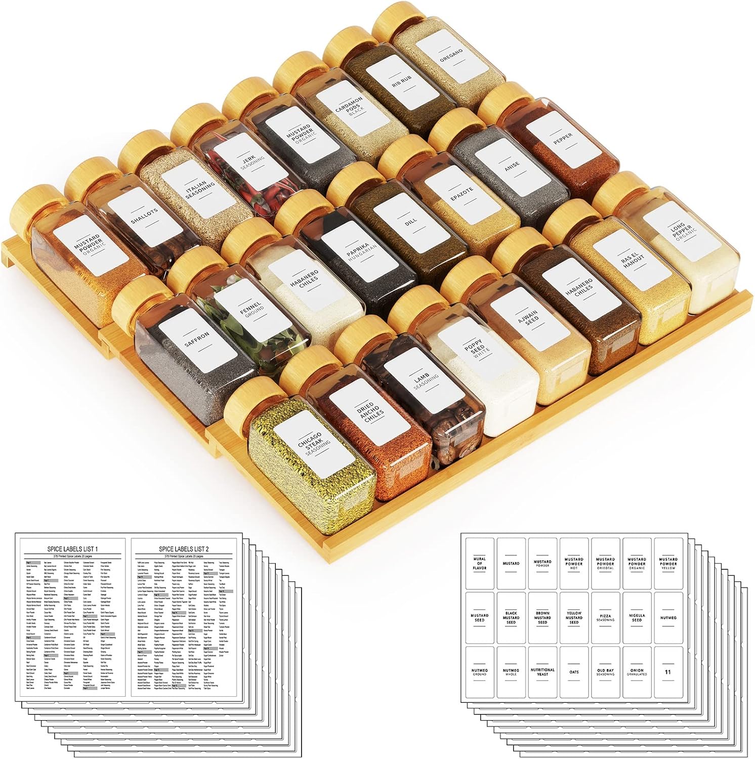 SpaceAid Bamboo Spice Drawer Organizer with 24 Spice Jars, 378 White Minimalist Spice Labels, 3 Tier Seasoning Rack Tray Insert for Kitchen Drawers, 15" Wide x 15" Deep x 2.6" Tall