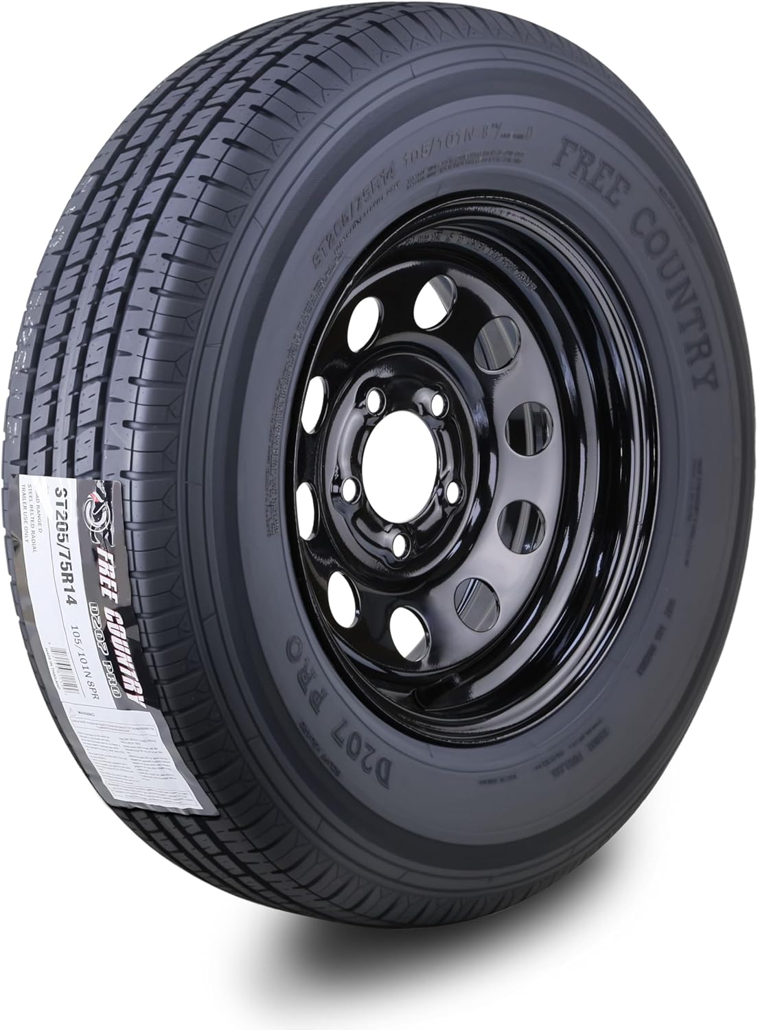 Free Country Trailer Tire Wheel Assembly ST205\/75R14 8-Ply D 105M 5 Lug on 4.5" PCD Black Mod Rim