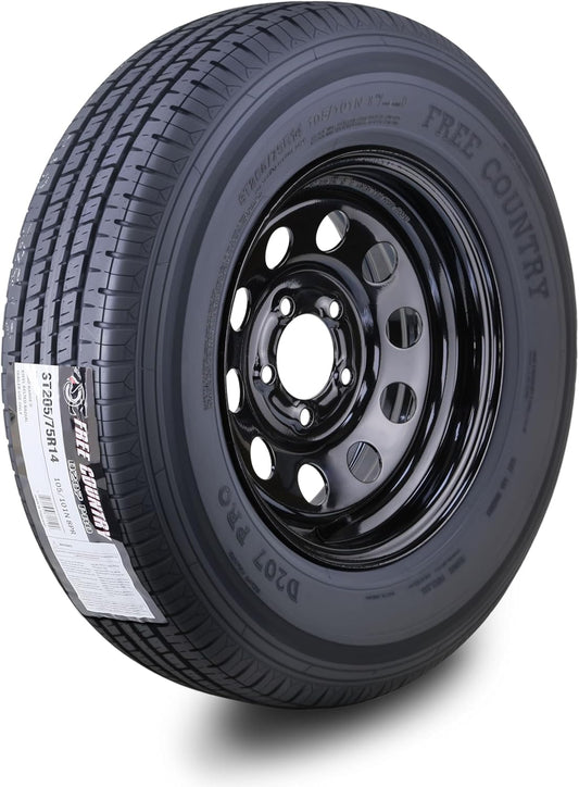 Free Country Trailer Tire Wheel Assembly ST205\/75R14 8-Ply D 105M 5 Lug on 4.5" PCD Black Mod Rim
