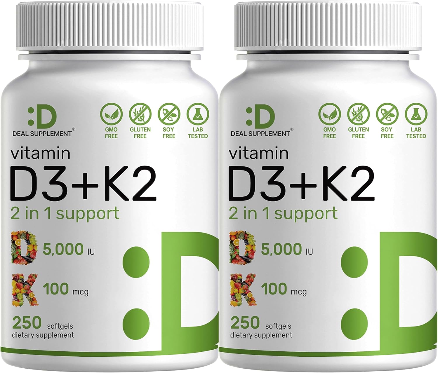 DEAL SUPPLEMENT 2 Pack Vitamin D3 5,000 IU + K2 MK7 Softgels, 500 Count | 2-in-1 Complex | Supports Heart, Bone, Teeth & Immune Health | Easy to Swallow
