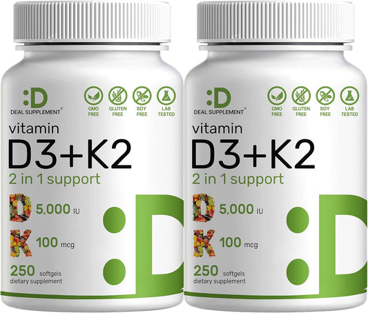 DEAL SUPPLEMENT 2 Pack Vitamin D3 5,000 IU + K2 MK7 Softgels, 500 Count | 2-in-1 Complex | Supports Heart, Bone, Teeth & Immune Health | Easy to Swallow