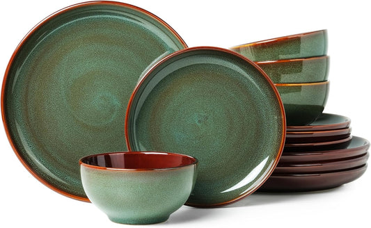 Pokini Stoneware Dinnerware Sets, Ceramic Plates and Bowls Set, Microwave & Dishwasher Safe Kitchen Dishes, Modern Dinner Salad Plates | Cereal Bowls, Dishware Sets Service for 4 Sage Green
