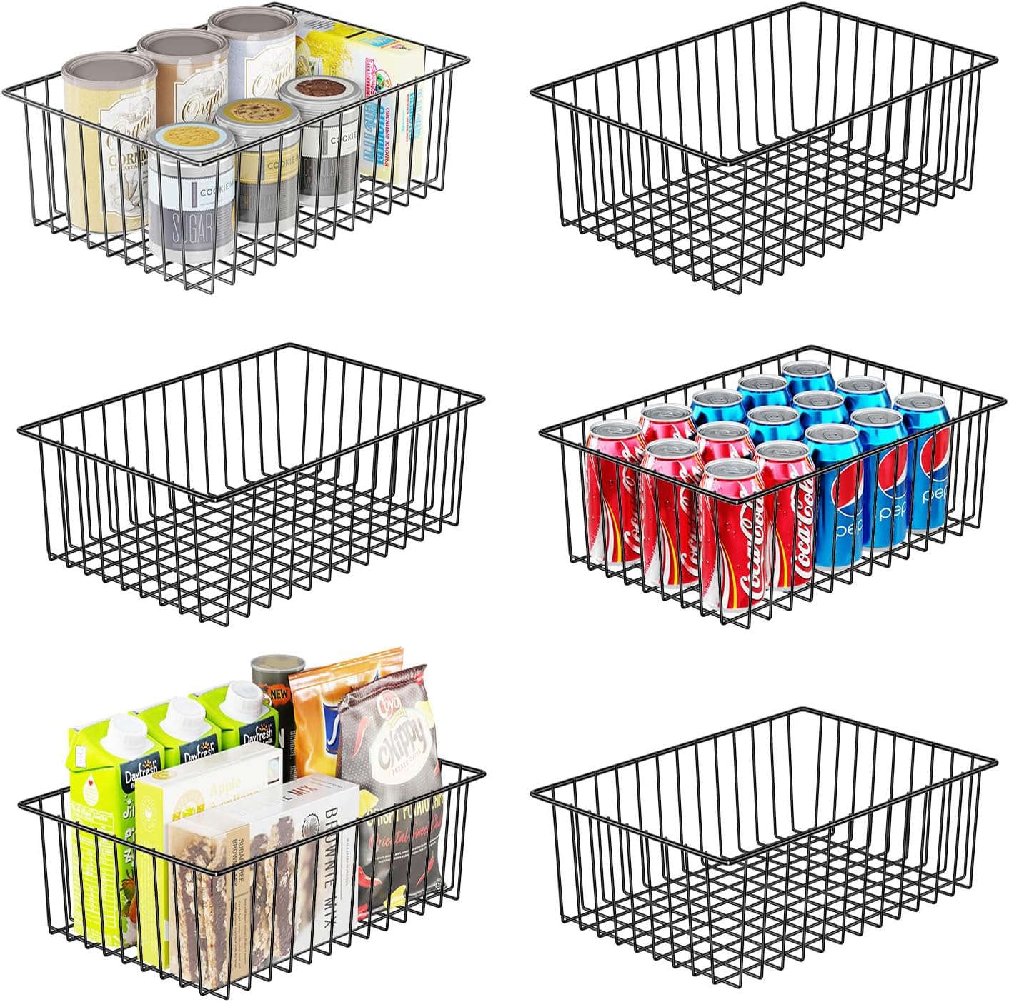 Simple Trending 6 Pack Large Wire Baskets for Organization, Metal Pantry Storage Baskets for Cabinet, Kitchen, Garage, Bathroom, Black