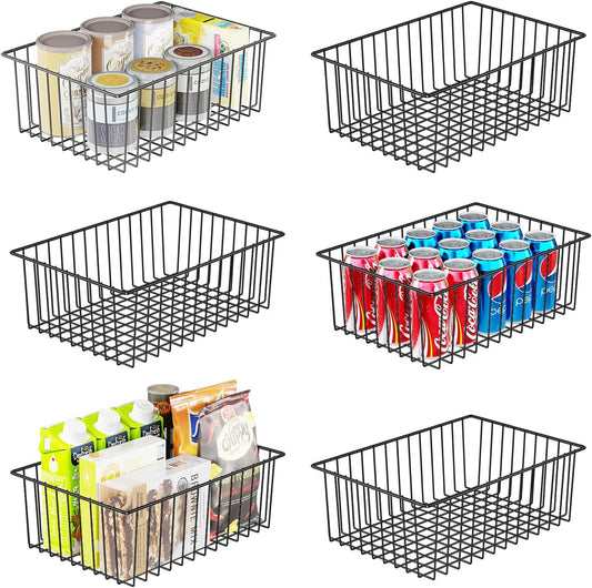 Simple Trending 6 Pack Large Wire Baskets for Organization, Metal Pantry Storage Baskets for Cabinet, Kitchen, Garage, Bathroom, Black