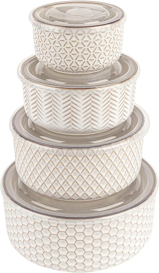 KooK Ceramic Nesting Bowls, with Lids, Serving, Set of 4, Embossed, Kitchen, Prep, Mix, Gift, Housewarming, Microwave and Dishwasher Safe, 10\/16\/29\/47 oz, Narbonne Collection (Ivory)
