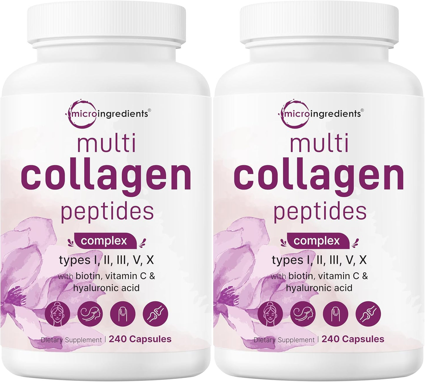 Micro Ingredients 2 Pack Multi Collagen Pills for Women & Men, 480 Capsules | Type I, II, III, V, X - Hydrolyzed Peptides with Biotin, Hyaluronic Acid & Vitamin C | Hair, Skin, Nail & Joint Support
