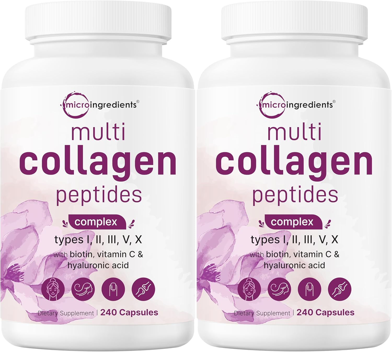 Micro Ingredients 2 Pack Multi Collagen Pills for Women & Men, 480 Capsules | Type I, II, III, V, X - Hydrolyzed Peptides with Biotin, Hyaluronic Acid & Vitamin C | Hair, Skin, Nail & Joint Support