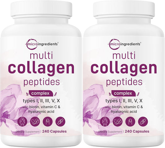 Micro Ingredients 2 Pack Multi Collagen Pills for Women & Men, 480 Capsules | Type I, II, III, V, X - Hydrolyzed Peptides with Biotin, Hyaluronic Acid & Vitamin C | Hair, Skin, Nail & Joint Support