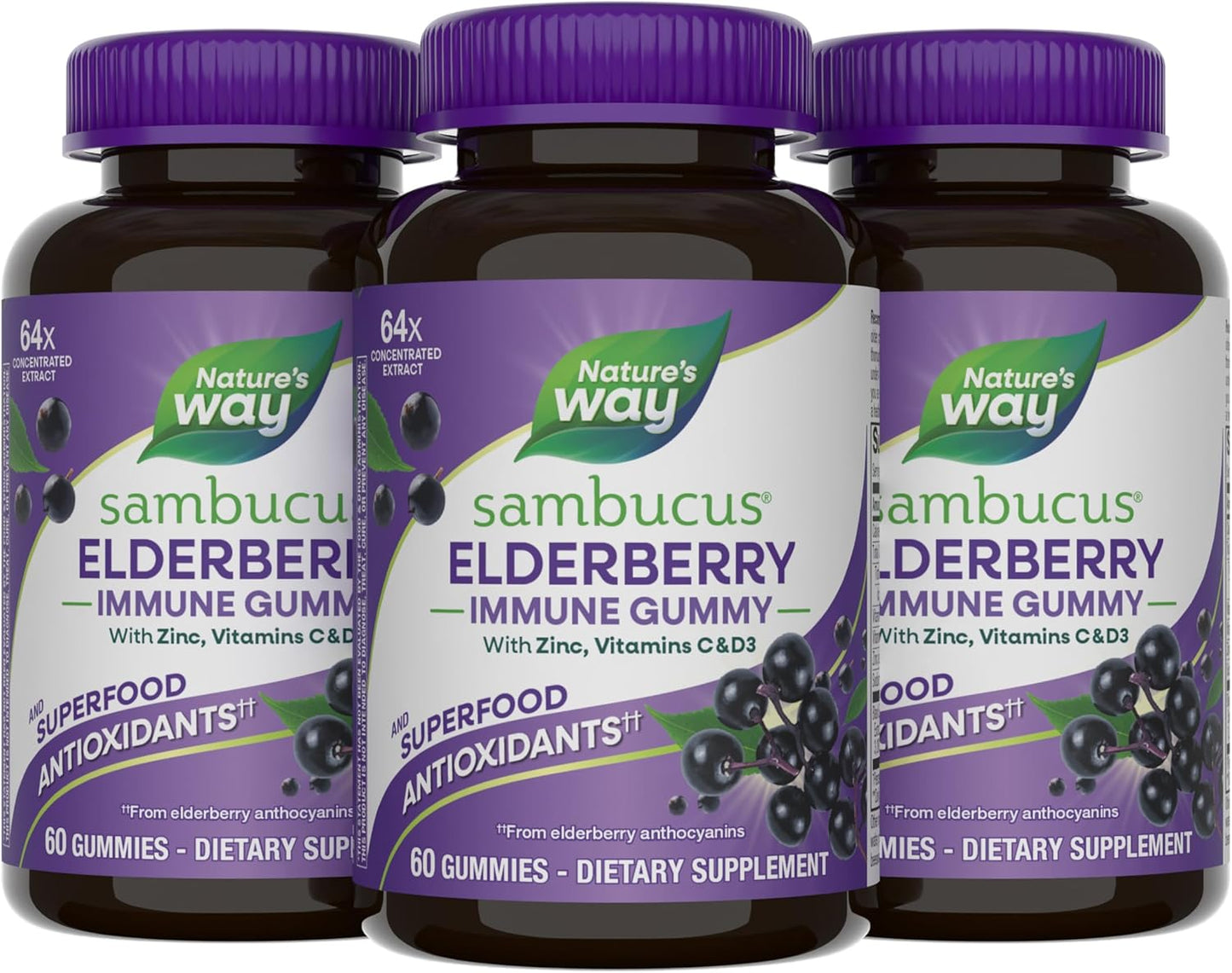 Nature's Way Sambucus Elderberry Immune Gummies, Daily Immune Support for Kids and Adults*, with Vitamin C, Vitamin D3, Zinc, Gluten Free, Vegetarian, 60 Gummies (Set of 3)