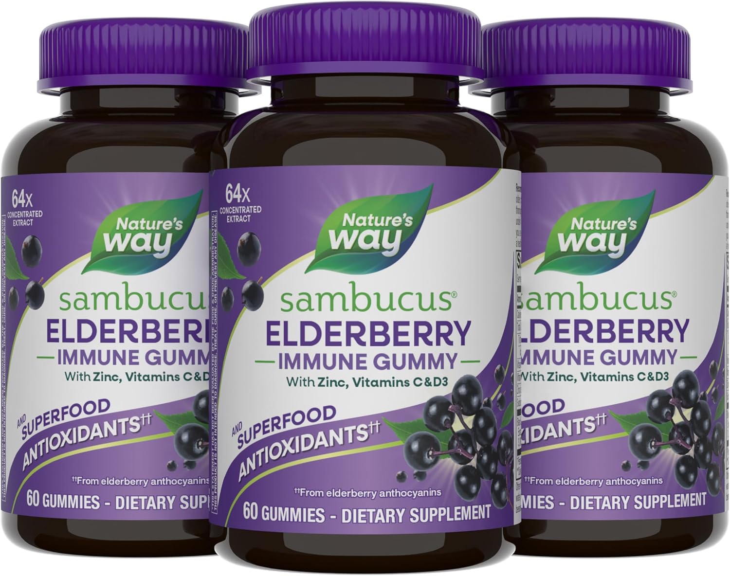 Nature's Way Sambucus Elderberry Immune Gummies, Daily Immune Support for Kids and Adults*, with Vitamin C, Vitamin D3, Zinc, Gluten Free, Vegetarian, 60 Gummies (Set of 3)