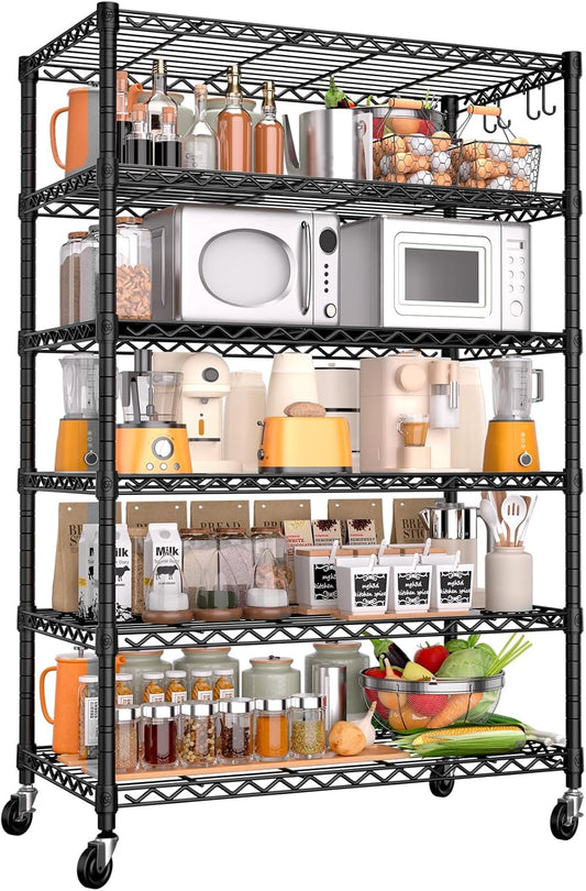 PrimeZone 6 Tier Wire Shelving with Wheels,Metal Shelf Heavy Duty Adjustable Kitchen Storage Shelves Unit,Pantry Organizer Rack Rolling for Garage Closet Laundry 36''W x 18''D x 78''H