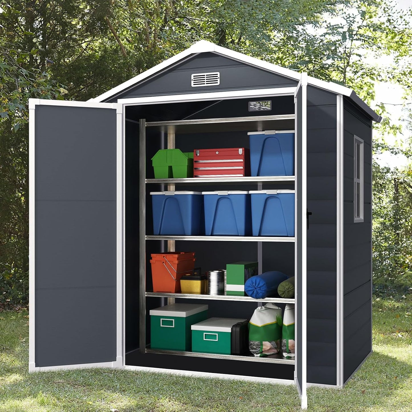 YOFE Outdoor Storage Shed 6x4.4FT, Resin Shed Plastic with Floor for Garden Tool,Waterproof Outdoor Resin Storage,Lockable Doors for Patio,Yard,Lawn (Darkgray 6x4)