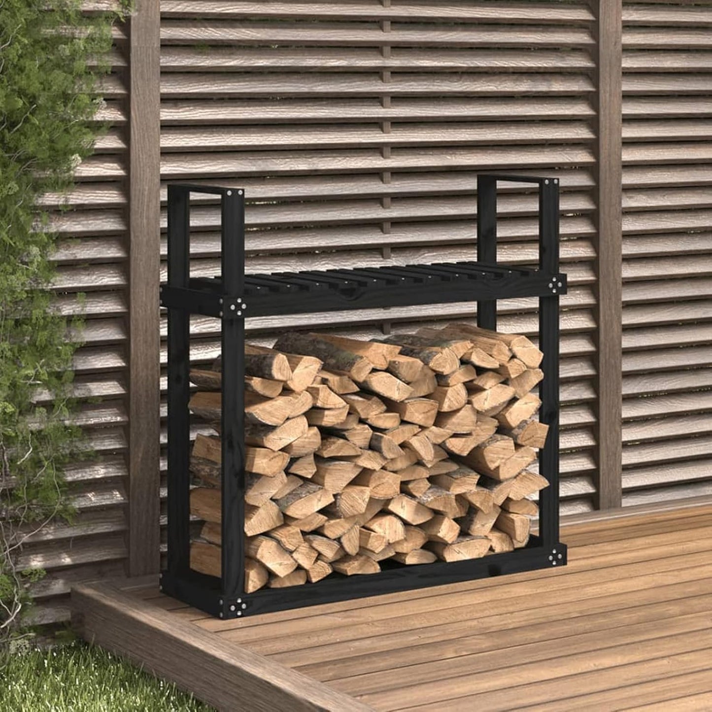 Firewood Rack Black 110x35x108.5 cm Solid Wood Pine, Firewood Log Rack, Firewood Storage Rack Shelf, Ventilation Metal Log Store Holder for Outdoor Indoor Wood Stand Set Log Rack Carrier
