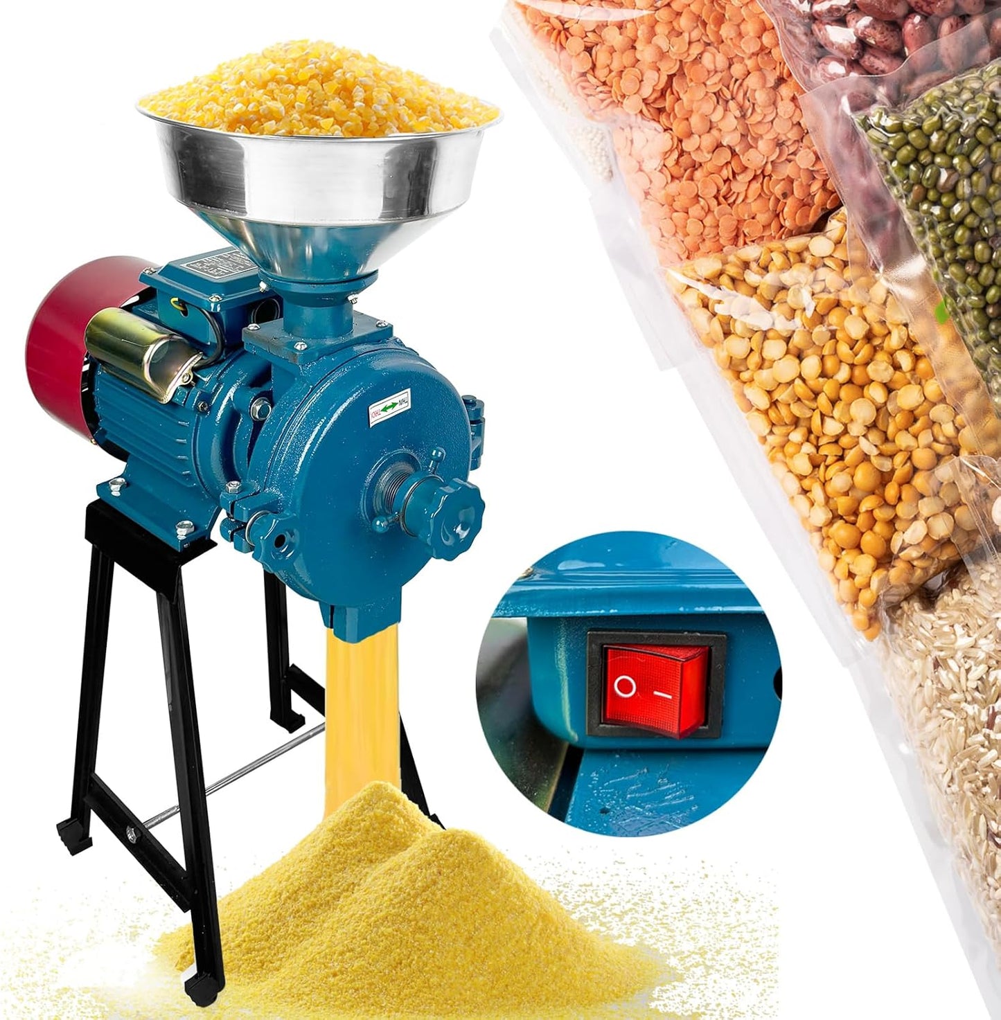 Electric Grain Mill Grinder, 3000W 110V Spice Grinders, Commercial Corn Mill with Funnel & Switch, Thickness Adjustable Feed Mill Powder Machine, Heavy Duty Wheat Flour Cereals Grinder