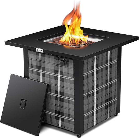 Werph 28 in Propane Fire Pit Table, ETL-Certified Fire Table with Lava Rocks for Patio Deck Garden Courtyard, 50,000 BTU Square Fire Pit Table with Lid, Black
