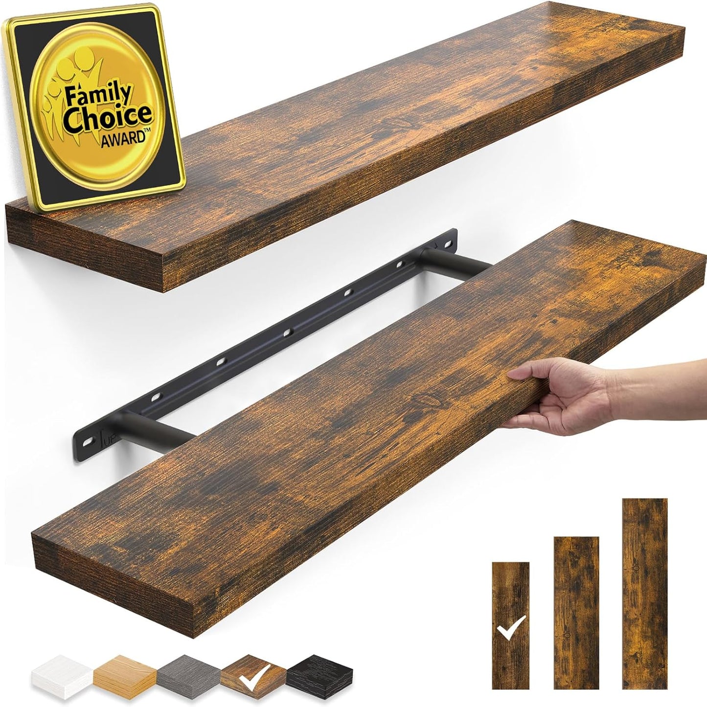 BAYKA Floating Shelves, 22.5" Rustic Wood Wall Mounted Shelves for Bathroom, Bedroom, Living Room&Kitchen, Hanging Display Shelf with 22 lbs Capacity, Fall Home Decor Shelves (Rustic Brown, Set of 2)
