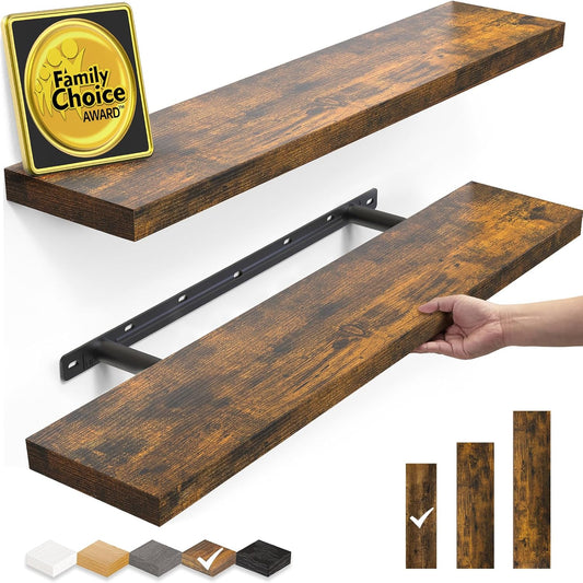 BAYKA Floating Shelves, 22.5" Rustic Wood Wall Mounted Shelves for Bathroom, Bedroom, Living Room&Kitchen, Hanging Display Shelf with 22 lbs Capacity, Fall Home Decor Shelves (Rustic Brown, Set of 2)