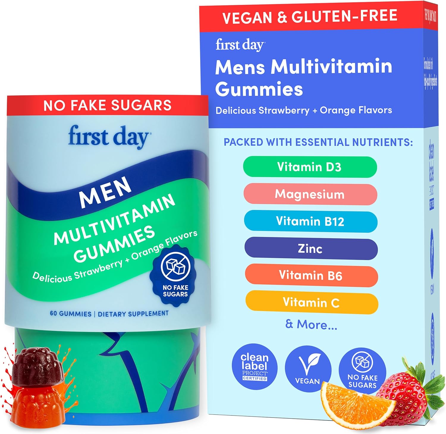 FIRST DAY Multivitamin for Men + Organic Fruit & Veggie Blend, Mens Multivitamins Gummies with 13 Key Nutrients for Energy, Focus, Immunity - Vitamins A, B1, B2, B6, B9, B12, C, D3, K - 30 Day Supply