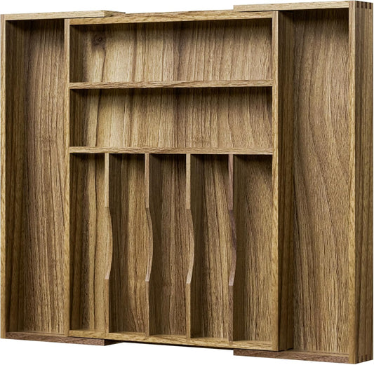 Kiasthome Acacia Wood Kitchen Silverware Drawer Organizer, Expandable Utensil Cutlery Drawer Organizer with Dividers, Flatware Organizer Silverware Tray for Spoon, Fork, 13''-20''x16.9'' (7-9 Slots)
