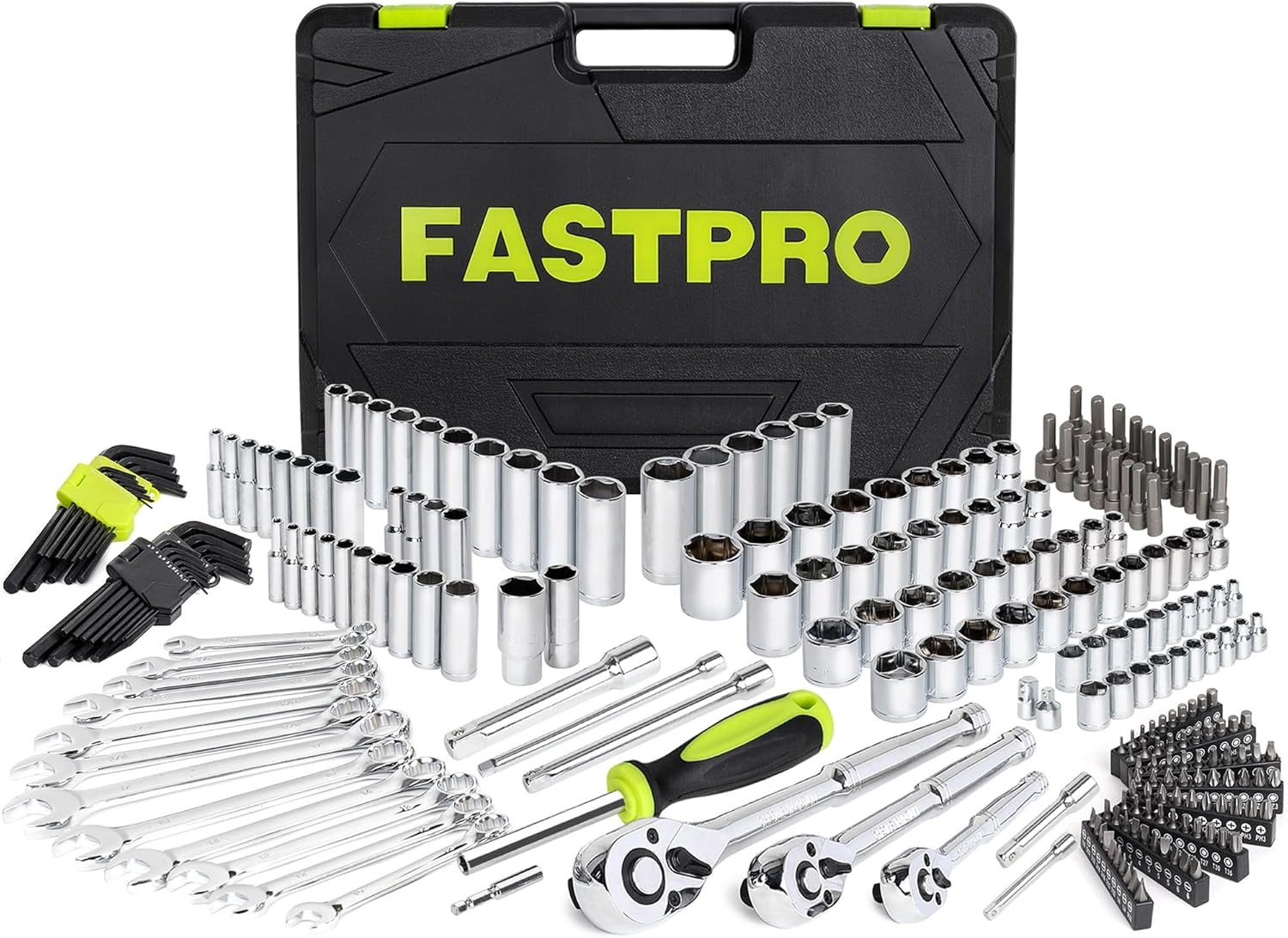FASTPRO 249-Piece Mechanics Tool Set, SAE and Metric Socket Wrench Set, Include 1/2", 3/8", 1/4" Drive Sizes, Combination Wrenches, Ratchets, Hex Keys, Tool Kit for Auto Repairs and Maintenance