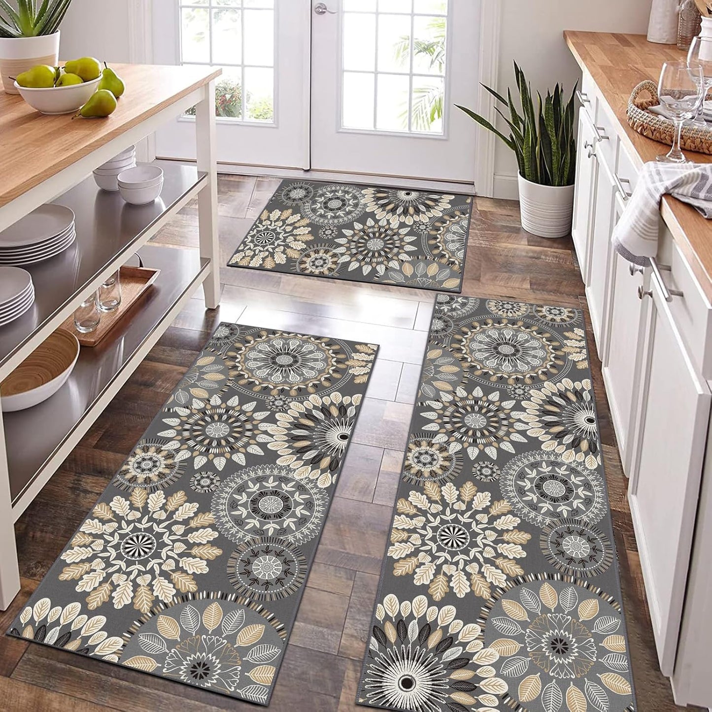 Bsmathom Boho Kitchen Rug Mat Sets 3 Piece, Farmhouse Non Slip Kitchen Rug Runner, Washable Non Skid Kitchen Rugs, Bohemian Kitchen Floor Mat for Hallway Entryway Laundry Room