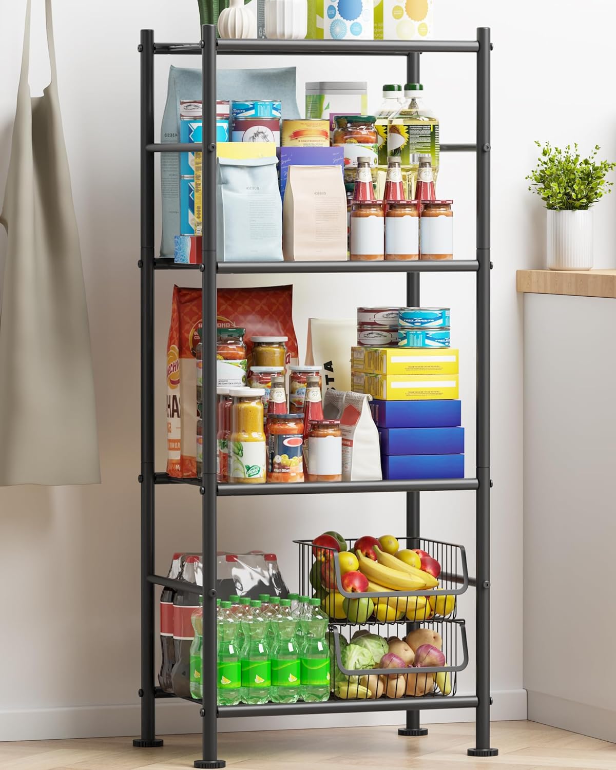 Sakugi Storage Shelves - 4 Tier Shelf Organizer, Sturdy Metal Garage Shelving with Adjustable Leveling Feet, Space-Saving Shelves Organizer for Pantry, Laundry, Kitchen (18" x 12" x 44", Black)