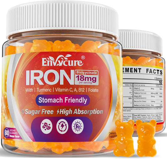 Sugar Free Iron Gummies 18mg for Women Men, Iron Bisglycinate Supplement Gummies with Vitamin C, Turmeric & Folate - Blood Builder for Anemia & Energy Deficiency - 2 Pack