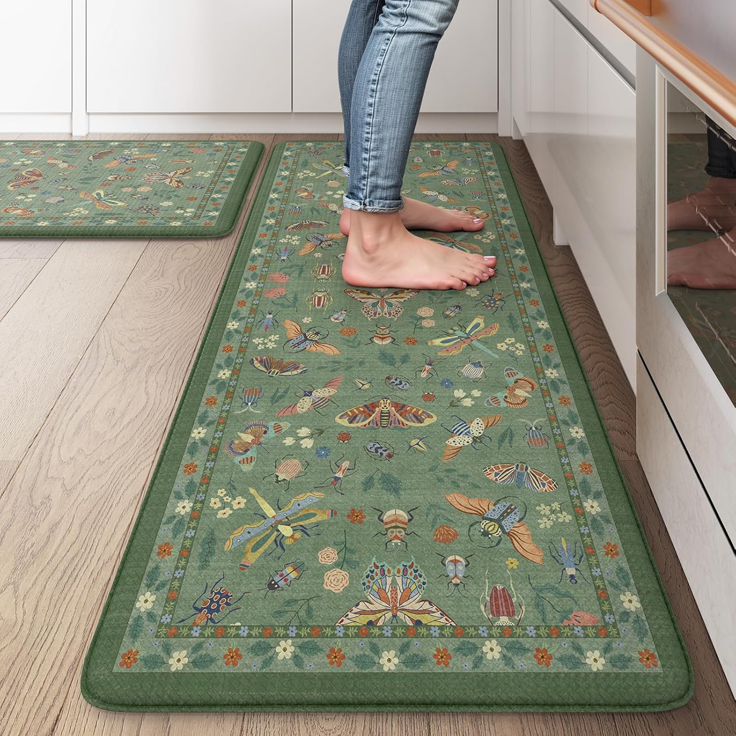 LEEVAN Anti Fatigue Mats for Kitchen Floor Non-Slip, Cushioned Kitchen Mats for Floor 2 Piece, Green Memory Foam Kitchen Mat Set, Waterproof Ergonomic Standing Mat for Bar, Office,Desk, Laundry